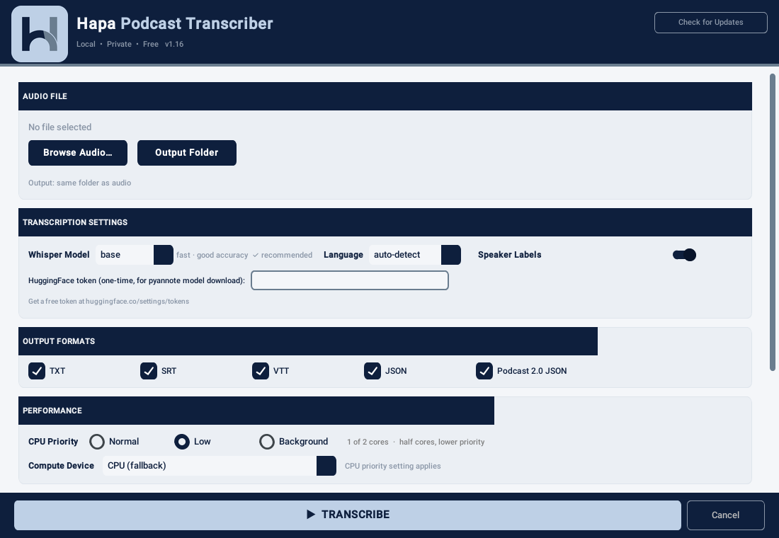 The Hapa Podcast Transcriber window, showing audio file, transcription settings, output formats and performance options